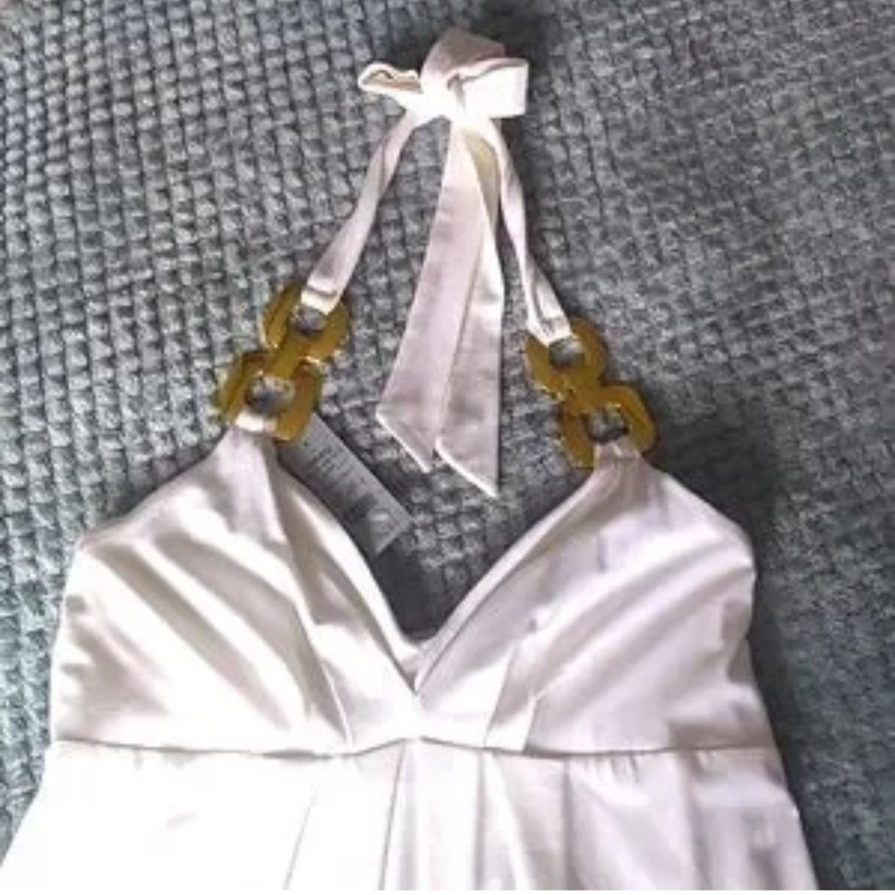 Y2K Cache White Boho Plunging Neckline Gold Hardware Tunic Halter M